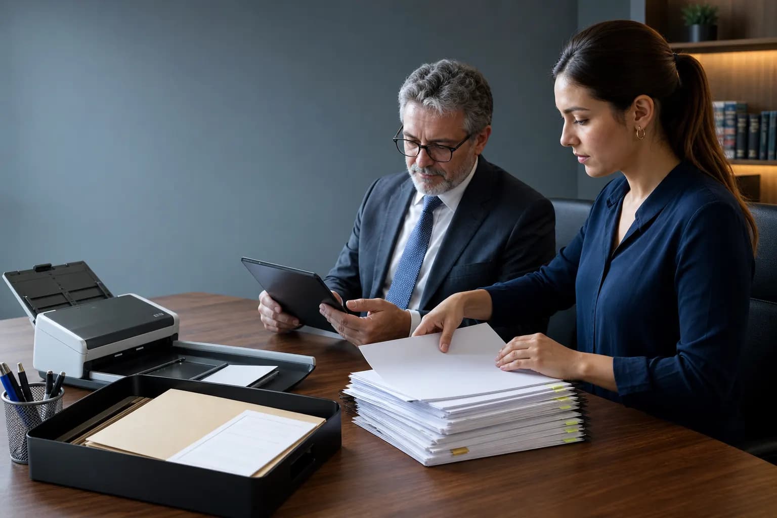 Advogado e assistente organizam e conferem uma cópia física e digital de processo.