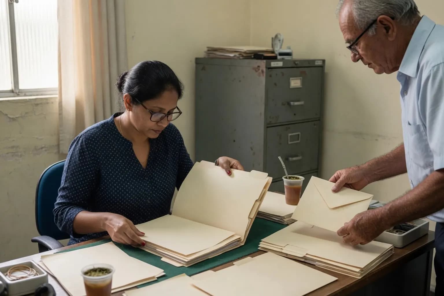 Advogada e assistente conferem pastas e um envelope em um escritório com arquivo de aço.