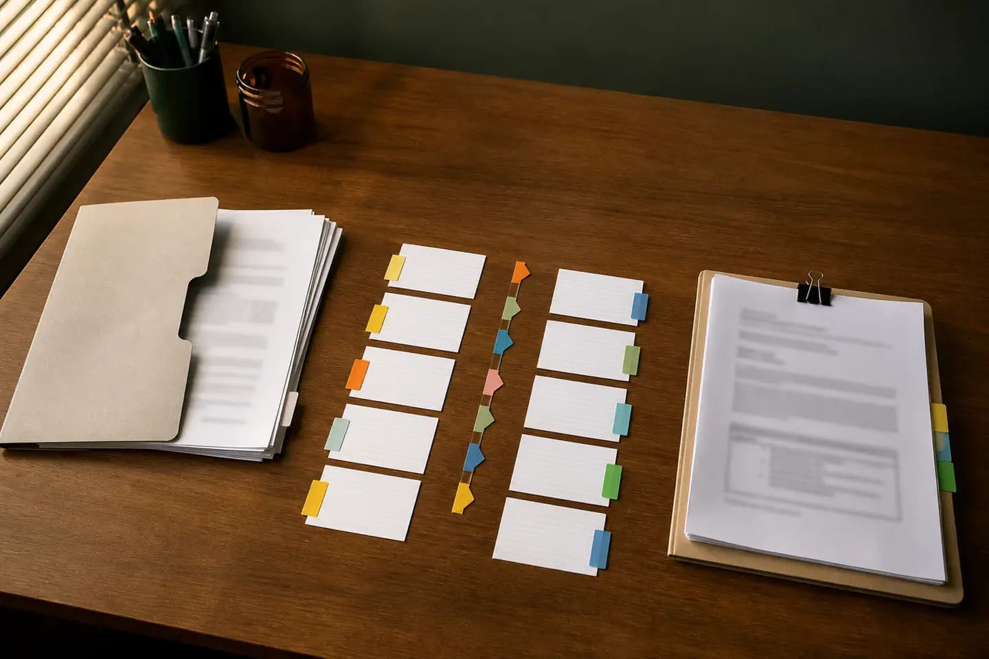 Mesa dividida entre documentos recebidos, linha de conferência e pacote pronto para revisão.