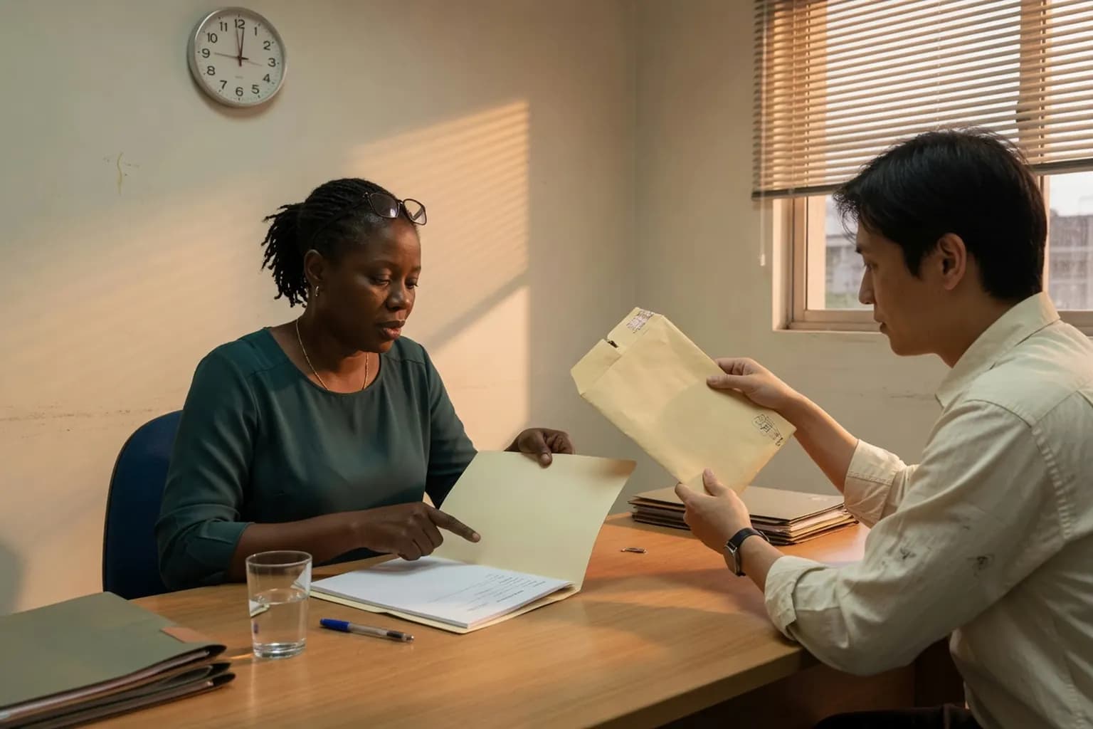 Advogada e assistente conferem uma pasta e um envelope em uma mesa de escritório, com um relógio na parede.
