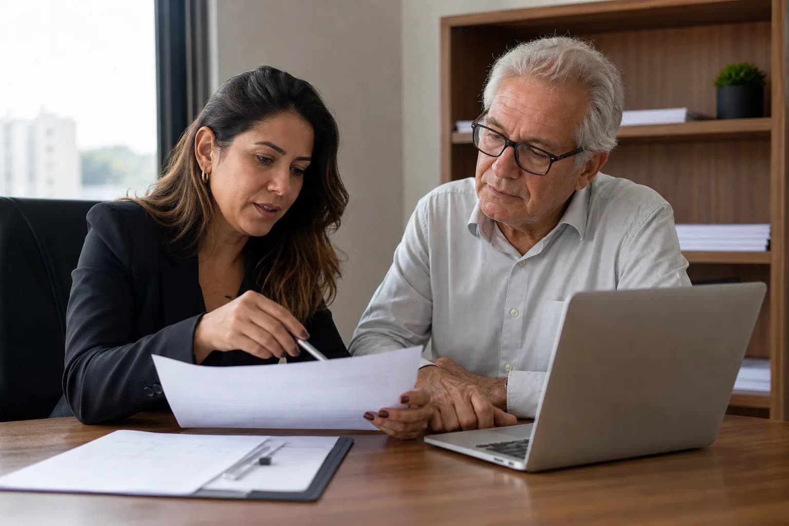 Advogada previdenciarista e cliente idoso analisam juntos documentos e um computador em um escritório.
