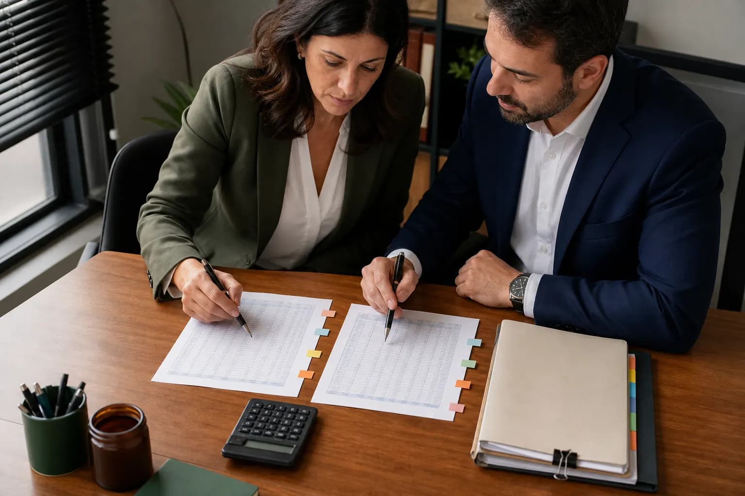 Dois profissionais conferem planilhas de cálculo, premissas e um dossiê com versões em uma mesa de trabalho.