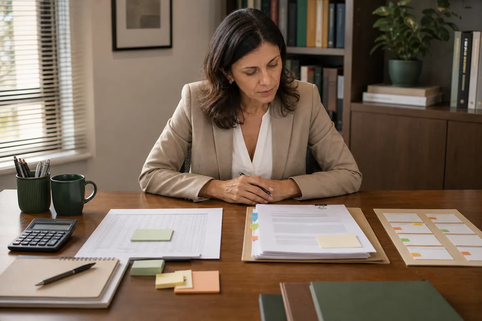 Advogada compara uma planilha de cálculo, um dossiê versionado e cartões de etapas em uma mesa de escritório.