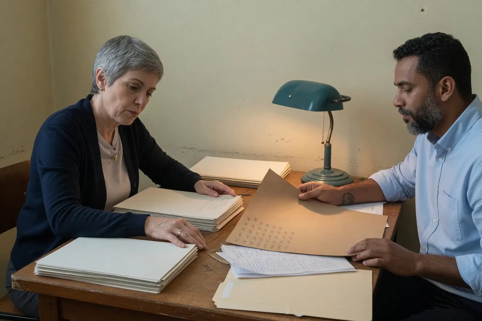 Advogada e assistente separam pilhas de documentos e uma folha de kraft sobre a mesa de um escritório.