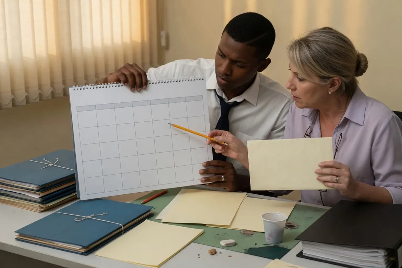 Advogado e assistente conferem uma grade de calendário em branco e um envelope sobre a mesa.