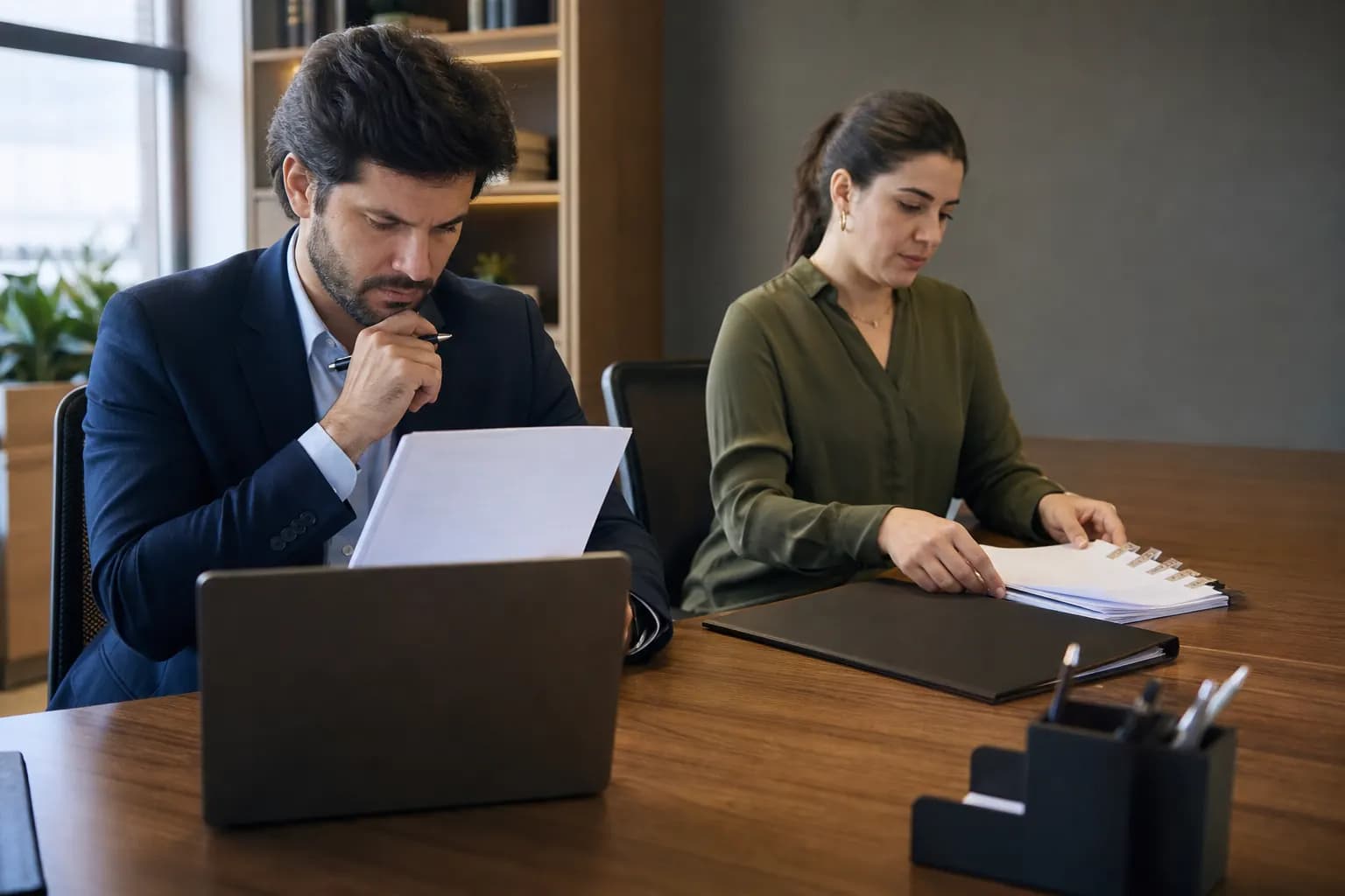 Advogado e assistente jurídica fazem a conferência final de documentos antes de um protocolo digital.