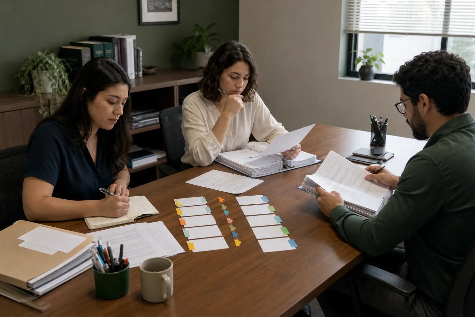 Mesa de trabalho com pasta organizada, cartões de etapas e marcas de revisão conectando documentos de um caso sintético.
