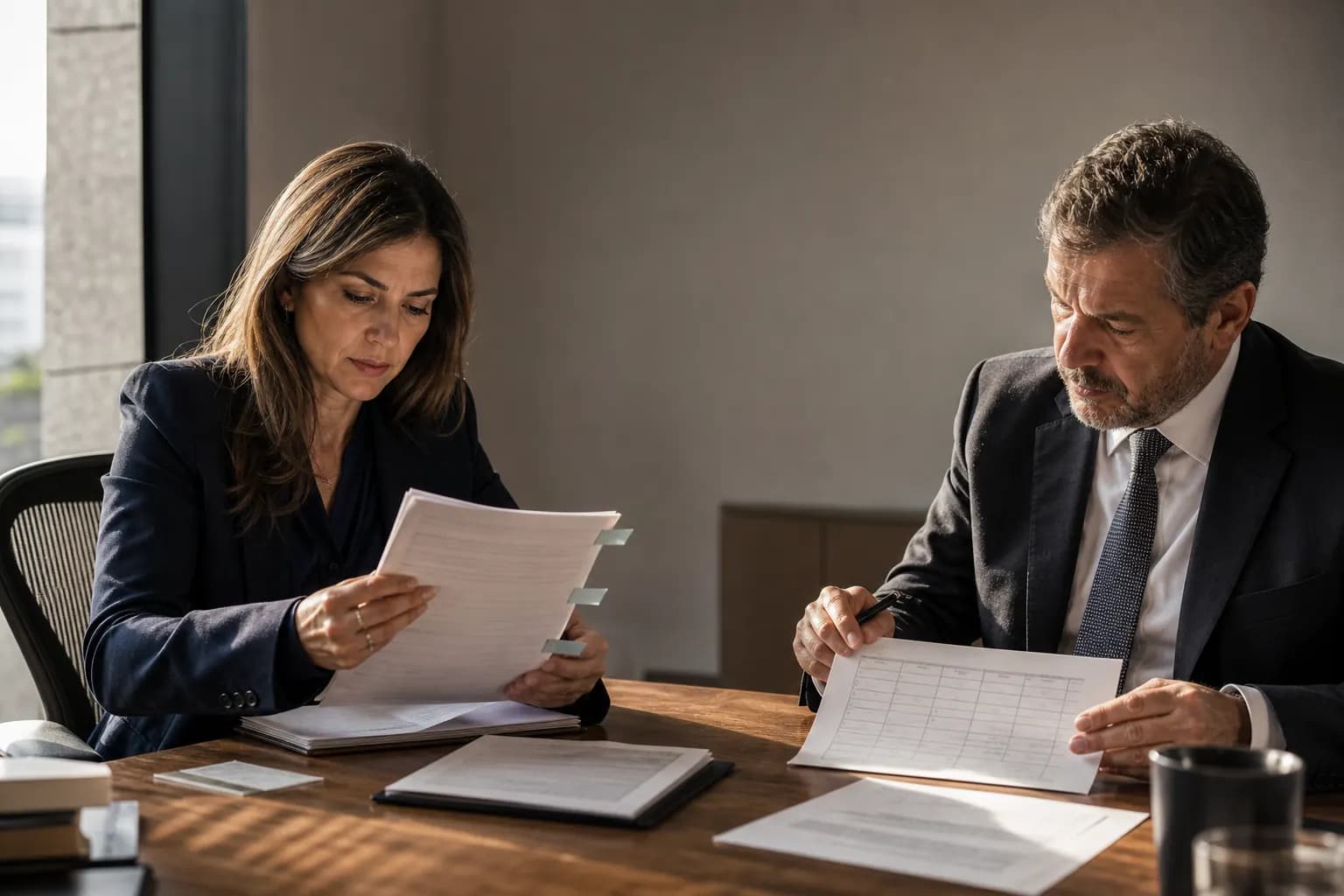 Dois advogados analisam uma decisão administrativa e uma matriz de questões em uma sala de reunião.