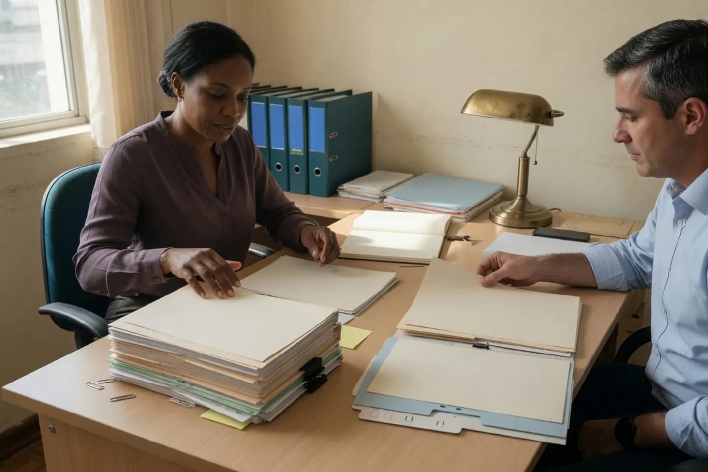 Advogada e assistente separam dois conjuntos de documentos sobre a mesa, um de benefício em manutenção e outro de decisão a contestar.